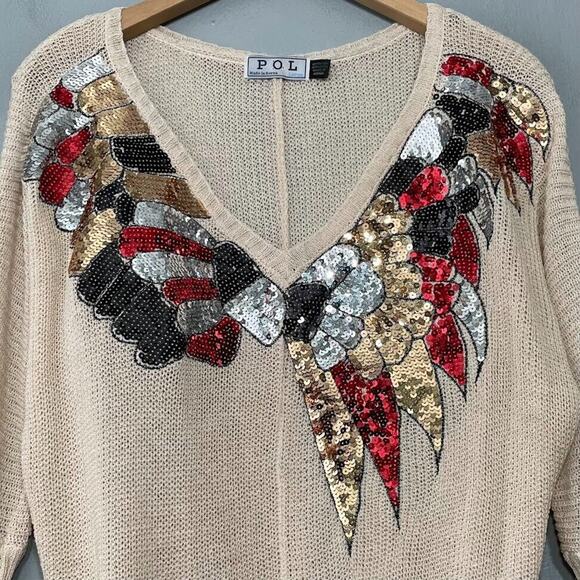 Vintage POL Lightweight Size L Beige Embellished Sequin Sweater Glam Grunge Goth - Picture 3 of 9